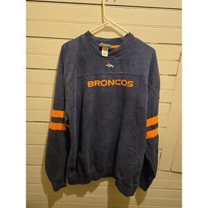 NFL Broncos Sweatshirt Mens L Navy Orange Embroidered Logo Stripes Crewneck